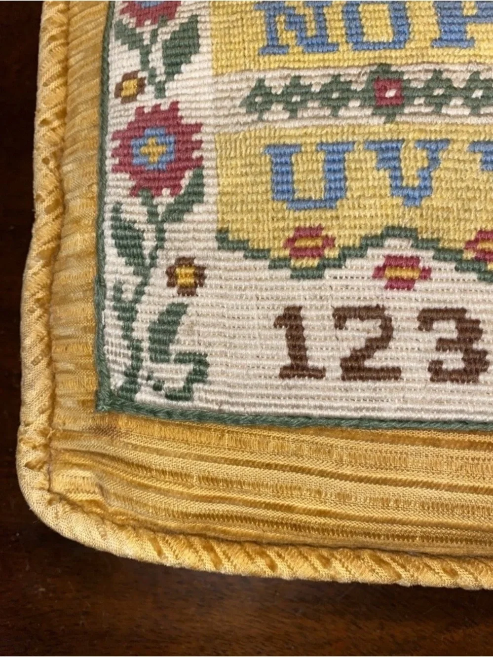 Vintage Embroidered Needlework Alphabet Sampler Pillow 12” x 12” -AA9